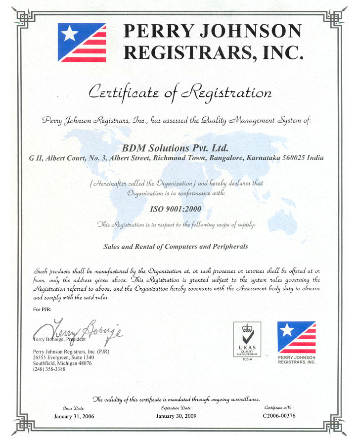 Perry Johnson Registrars, Inc (ISO 9001:2000) Certification